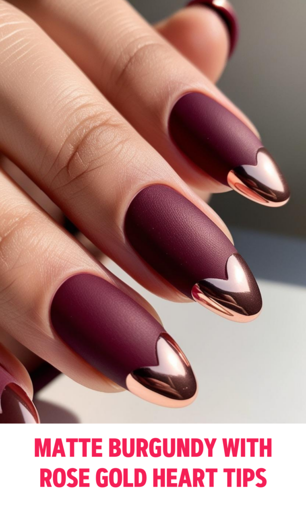 Matte Burgundy Nails with Rose Gold Heart Tips