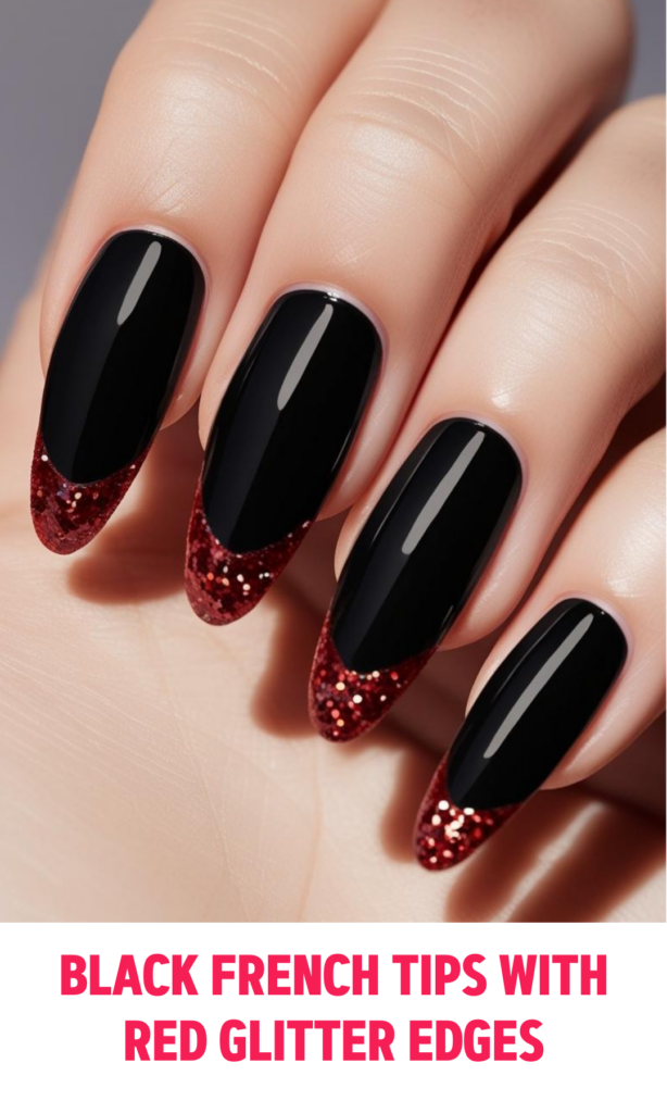 Black French Tips with Red Glitter Edges