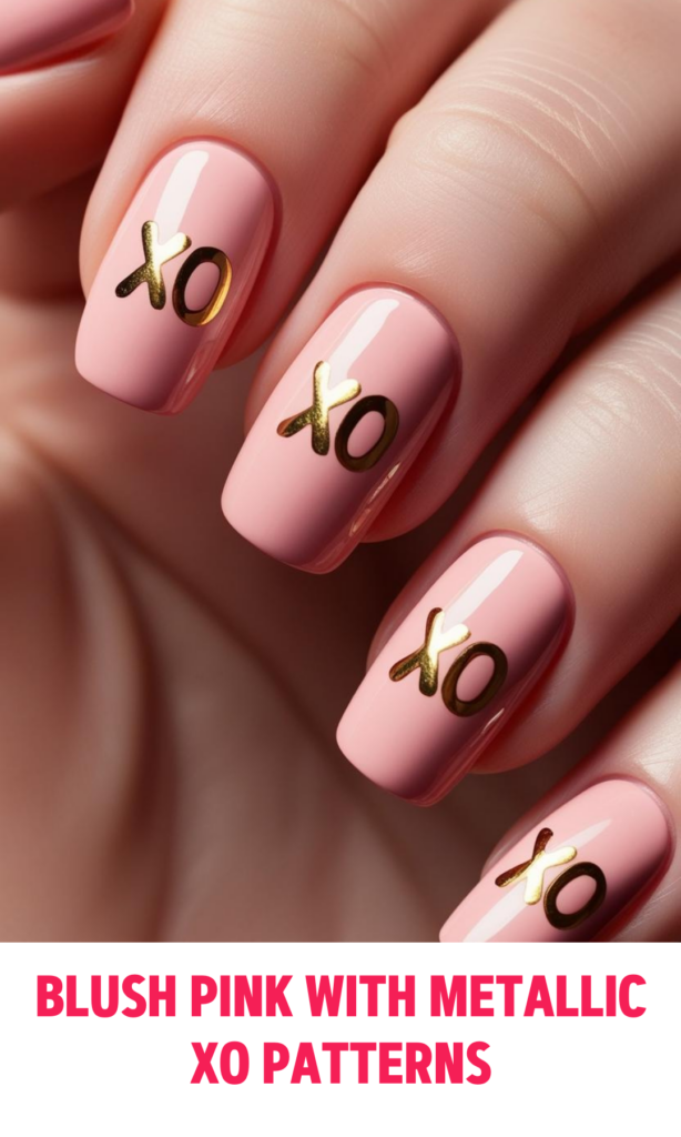 Blush Pink Nails with Metallic XO Patterns