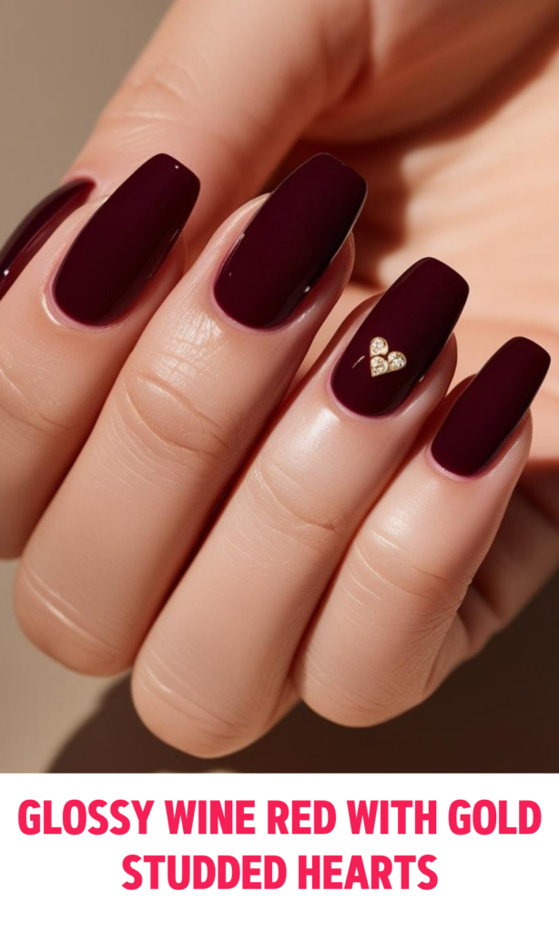 Glossy Wine Red Nails with Gold Studded Hearts