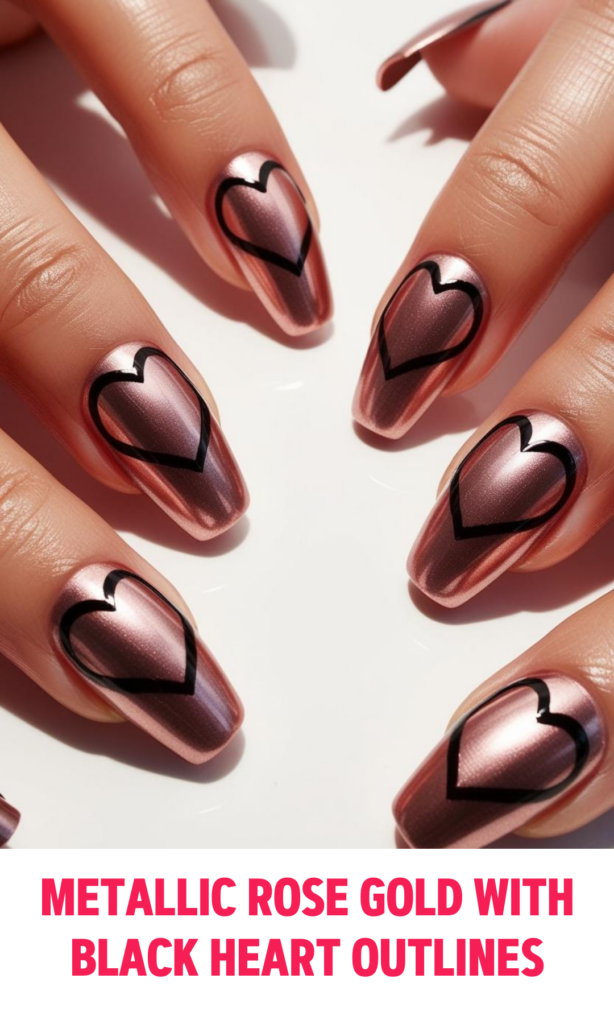 Metallic Rose Gold Nails with Black Heart Outlines