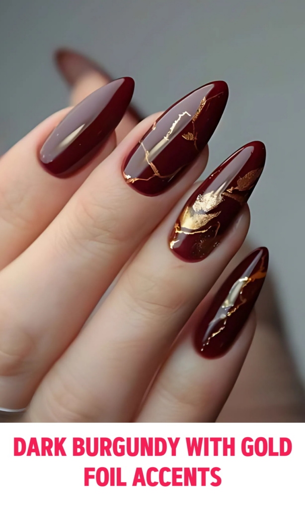 Dark Burgundy Nails with Gold Foil Accents