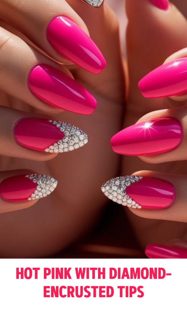 Hot Pink Nails with Diamond-Encrusted Tips