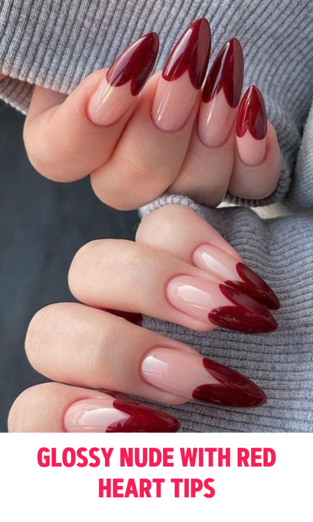 Glossy Nude Nails with Red Heart Tips