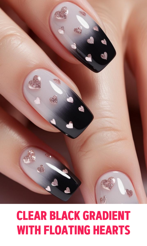 Clear Black Gradient Nails with Floating Hearts