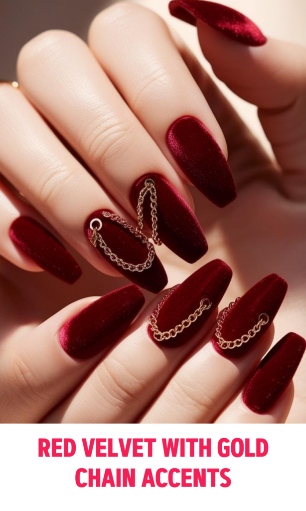 Red Velvet Nails with Gold Chain Accents