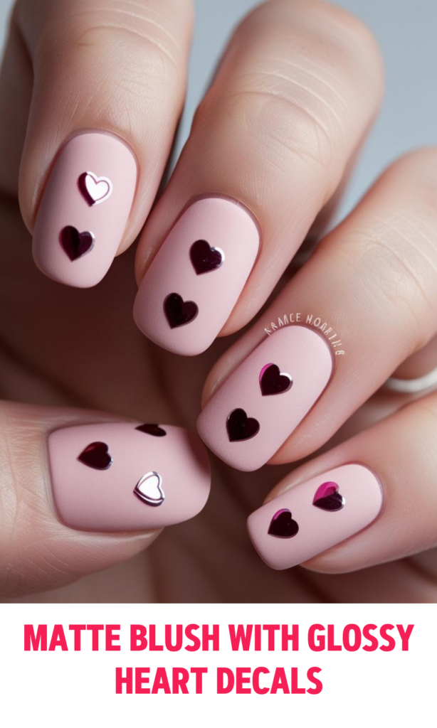 Matte Blush Nails with Glossy Heart Decals