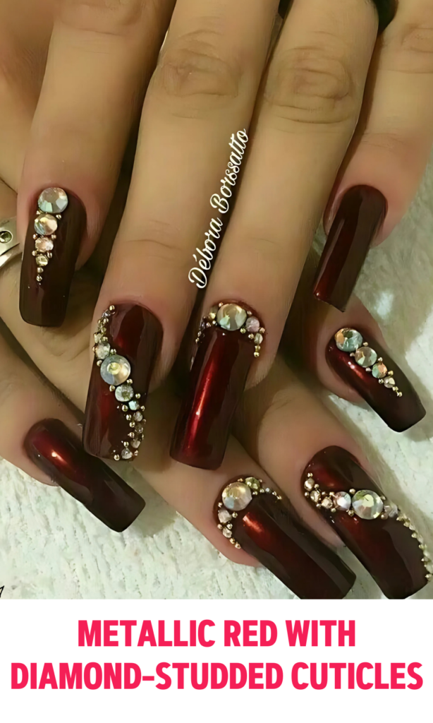 Metallic red nails with tiny diamonds