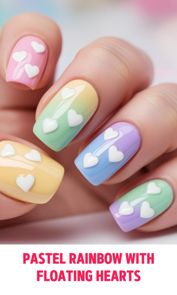 Pastel rainbow nails with floating white hearts