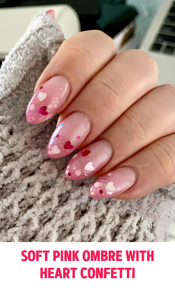 Soft Pink Ombre Nails with Heart Confetti