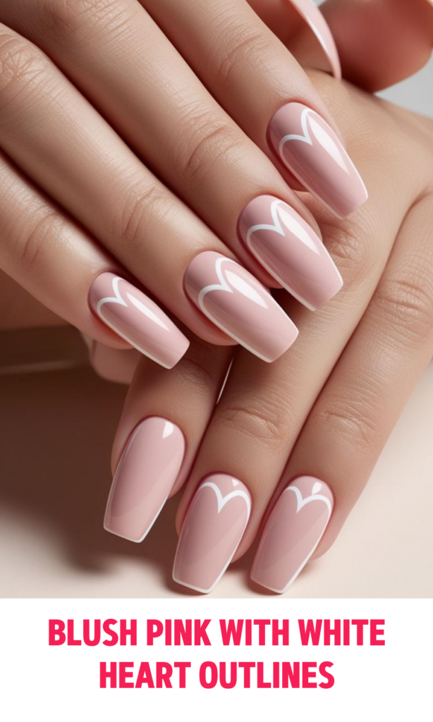 Soft blush pink nails with tiny white heart outlines