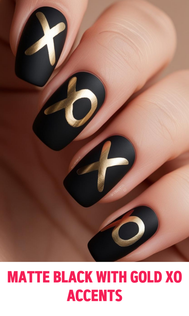 Matte Black Nails with Gold XO Accents