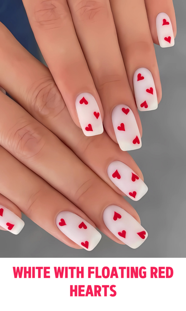 White Nails with Floating Red Hearts