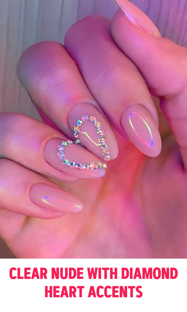 Clear Nude Nails with Diamond Heart Accents