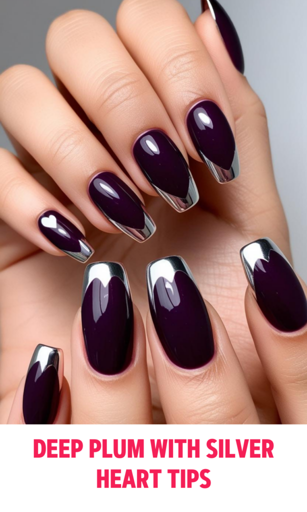 Deep Plum Nails with Silver Heart Tips