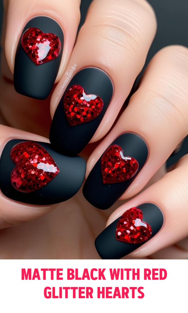 Matte black nails with sparkling red glitter hearts