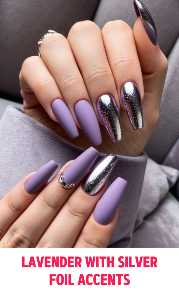 Light lavender nails with silver foil on accent nails