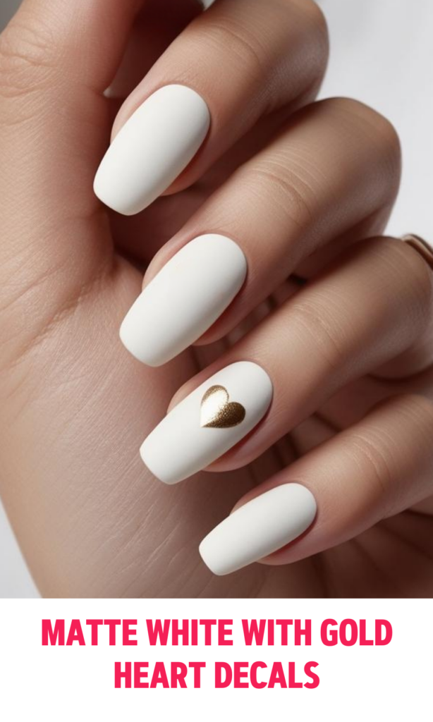 Matte white nails with gold heart decals